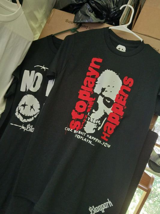 Black t-shirt with graphic design and text on a hanger